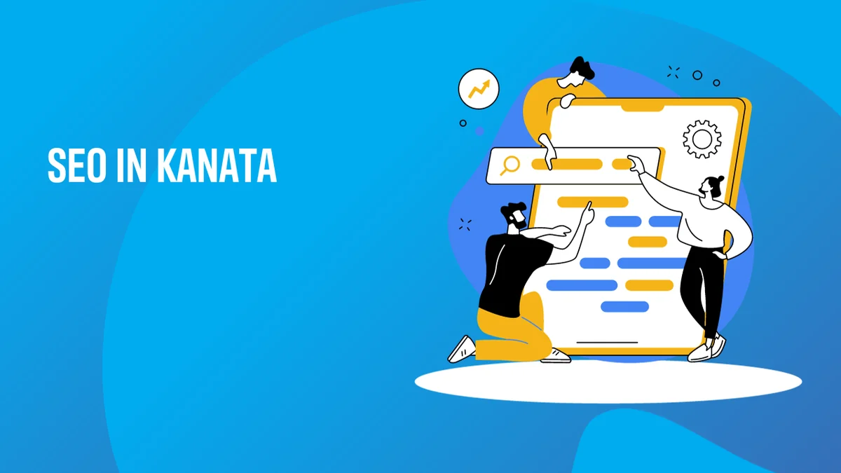 Illustration of three people engaging with a large search engine interface, featuring the text "SEO IN KANATA" on a blue background—perfect for representing SEO Kanata services seo kanata