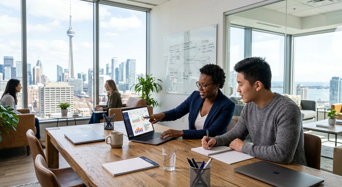 Diverse digital marketing team collaborating in a modern Toronto office with skyline view, analyzing performance data on a laptop.