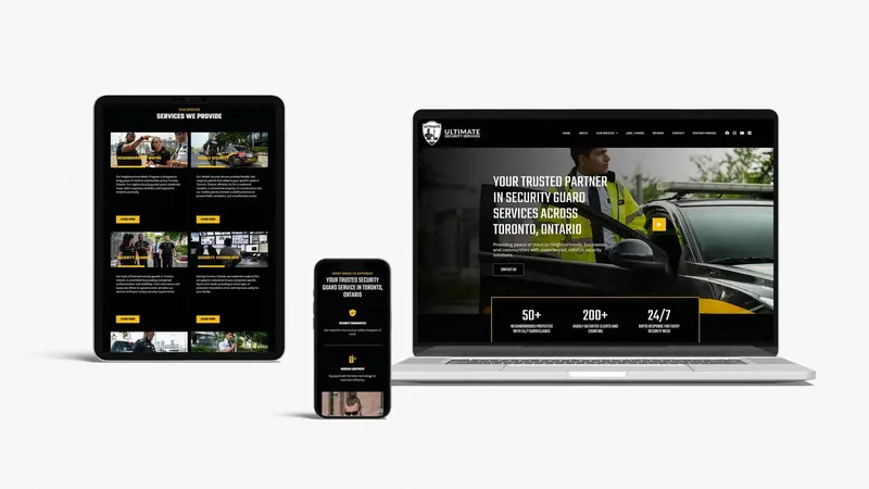 The Ultimate Security website on a laptop, tablet and phone