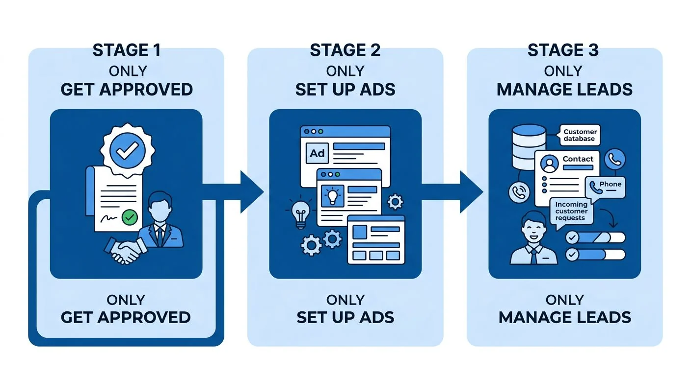 Diagram of the three steps to get started with Google Local Service Ads