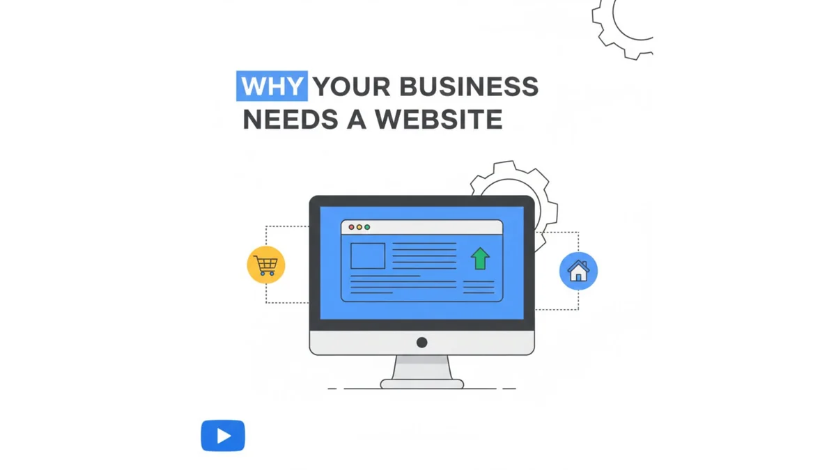 An illustration of a computer monitor displaying a website, surrounded by icons and gears, with the headline "Why Your Business Needs a Website" emphasizing the importance of establishing your online presence.