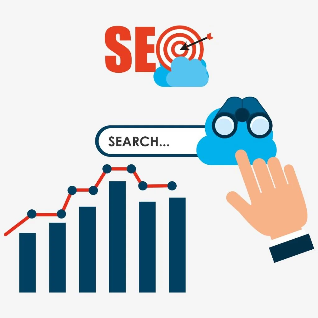 Graphic illustrating how to manage SEO efforts with a bar graph, search bar, target, cloud, and a hand using binoculars, all depicted in a simple, colorful design, seo kanata