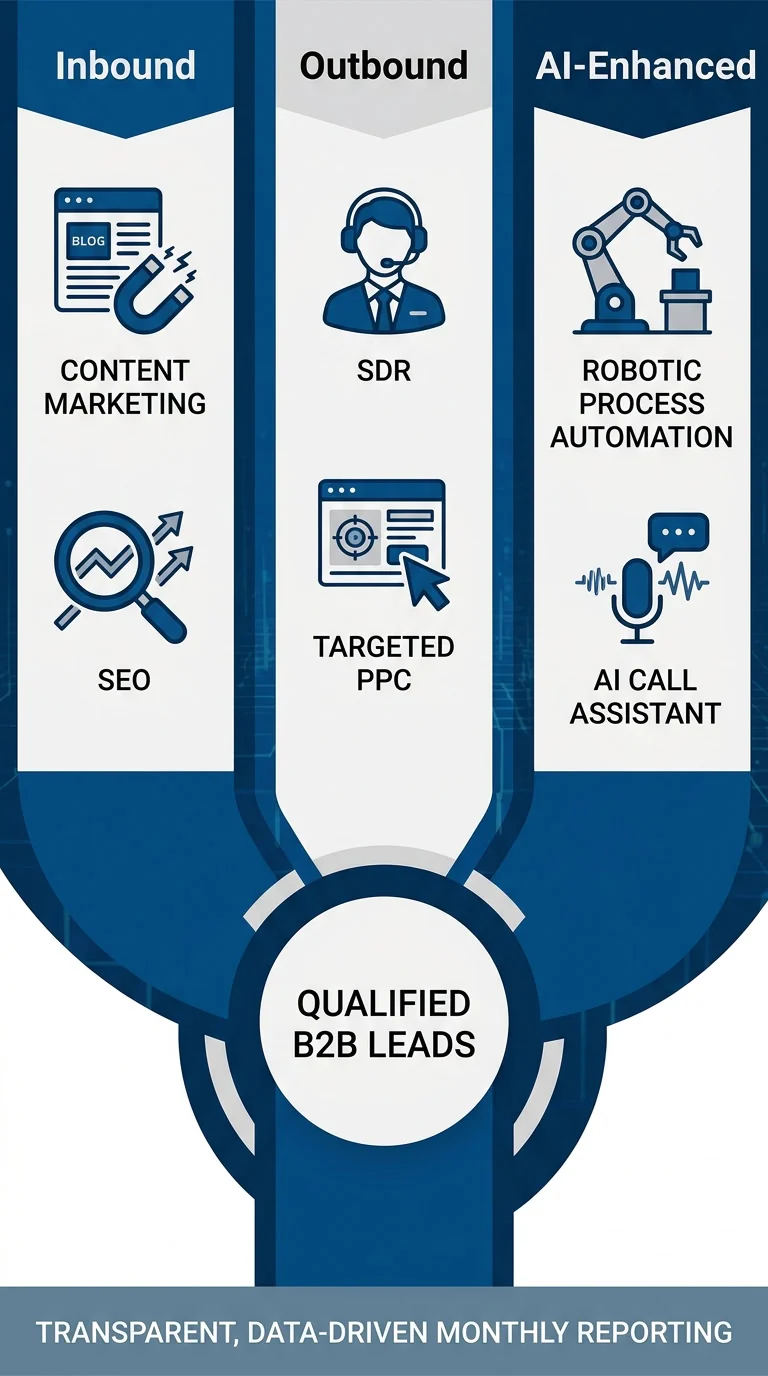 Three-pillar diagram illustrating JavaLogix's B2B lead generation: Inbound, Outbound, and AI-Enhanced, converging to Qualified B2B Leads with monthly reporting band.