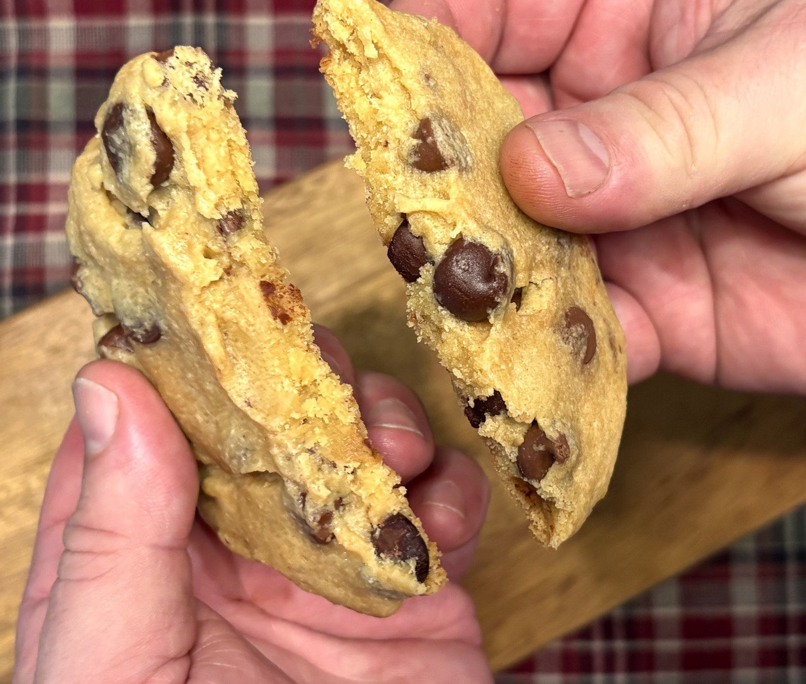 Chocolate chip cookie broken in half
