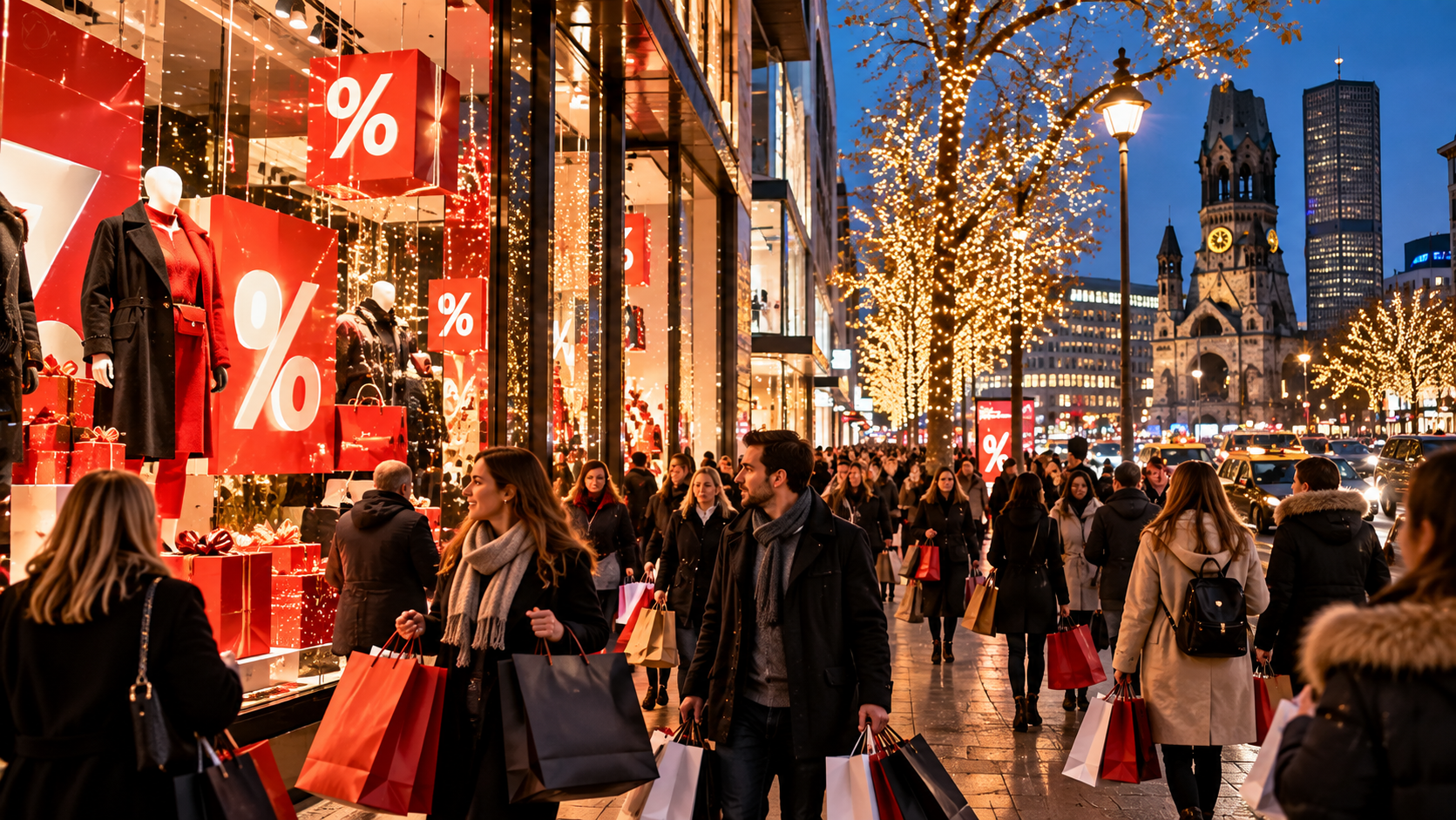 Black Friday Shopping am Kurfürstendamm in Berlin mit vielen Menschen, Einkaufstaschen und Rabattangeboten. Black Friday Shopping am Kurfürstendamm in Berlin mit vielen Menschen, Einkaufstaschen und Rabattangeboten.