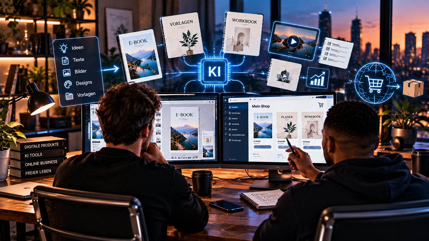 Digitale Produkte mit KI erstellen und verkaufen – zwei Personen arbeiten faceless an E-Books, Vorlagen und einem Online-Shop.“ Digitale Produkte mit KI erstellen und verkaufen – zwei Personen arbeiten faceless an E-Books, Vorlagen und einem Online-Shop.“