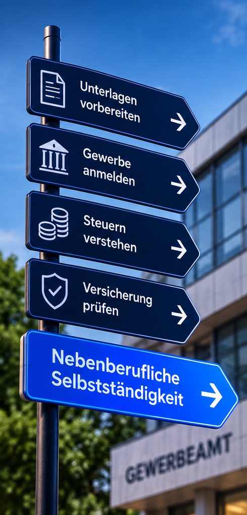 Nebenberuflich Gewerbe anmelden 2026 – Gewerbeanmeldung, Unterlagen, Steuern und Versicherung Schritt für Schritt erklärt.