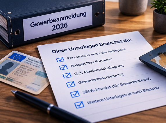 Nebenberuflich Gewerbe anmelden 2026 – Gewerbeanmeldung, Unterlagen, Steuern und Versicherung Schritt für Schritt erklärt.
