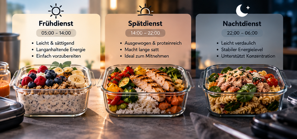 Meal Prep für den Schichtdienst – vorbereitete Mahlzeiten für Frühdienst, Spätdienst und Nachtdienst.
