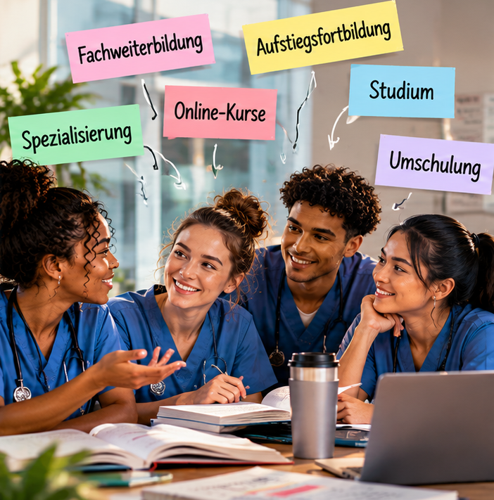 Eine Gruppe diverser Pflegekräfte lernt gemeinsam für ihre berufliche Weiterbildung. Im Vordergrund sitzt eine Schwarze Pflegekraft seitlich zur Kamera. Wegweiser zeigen verschiedene Weiterbildungswege, daneben symbolisieren Bildungs- und Finanzierungssymbole mögliche Förderungen. Im Bild steht: „Weiterbildung neben der Pflege: Welche Wege es gibt und wer sie bezahlt“.