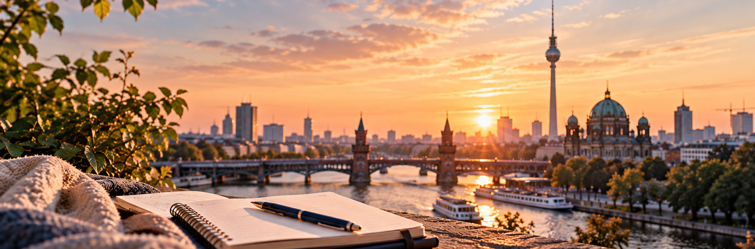 Journaling-Motiven und Berliner Atmosphäre: ein Notizbuch bei Sonnenuntergang an der Spree, Journaling nach der Nachtschicht bei warmem Lampenlicht und ein heller Schreibplatz mit Journal und Stiften für Neustart und Reflexion. 