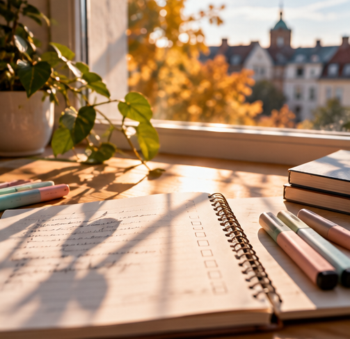 Journaling-Motiven und Berliner Atmosphäre: ein Notizbuch bei Sonnenuntergang an der Spree, Journaling nach der Nachtschicht bei warmem Lampenlicht und ein heller Schreibplatz mit Journal und Stiften für Neustart und Reflexion. 