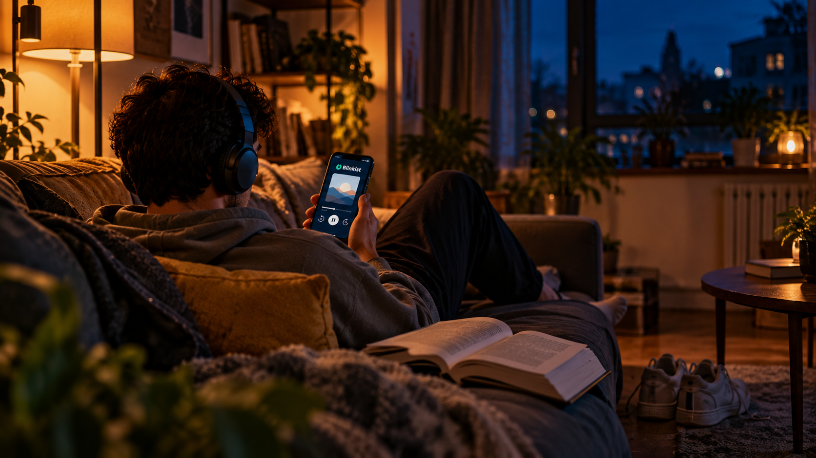mann auf der couch hört ein hörbuch nach der nachtschicht