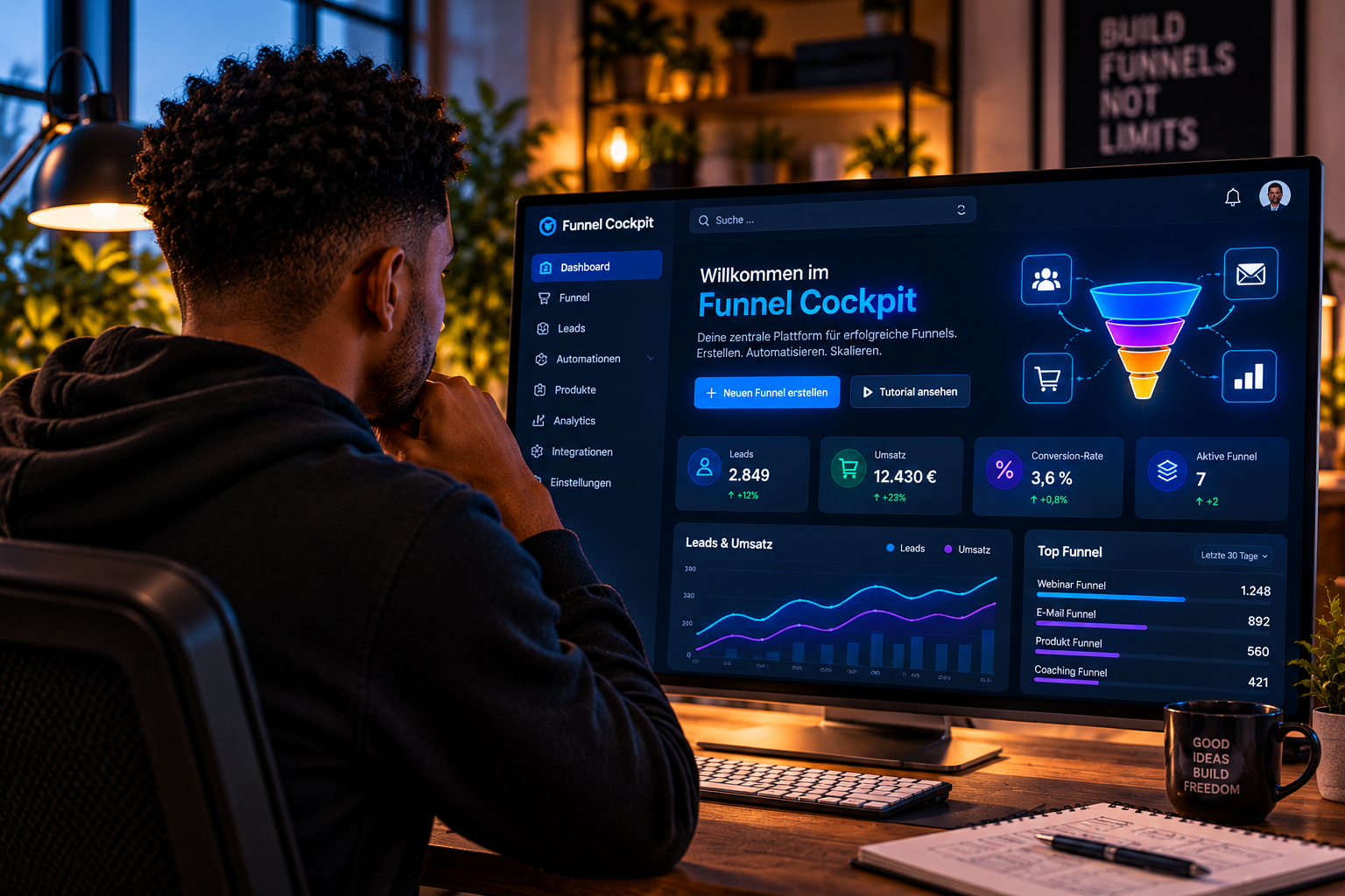 Funnel Cockpit Dashboard auf einem Monitor – digitaler Sales Funnel mit Leads, Automationen und Analyse im modernen Webentwickler-Setup. Funnel Cockpit Dashboard auf einem Monitor – digitaler Sales Funnel mit Leads, Automationen und Analyse im modernen Webentwickler-Setup.