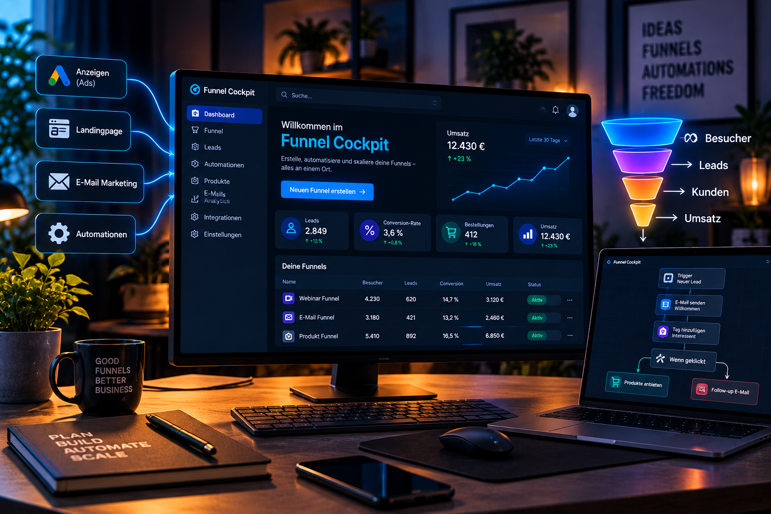 Funnel Cockpit Dashboard mit Sales Funnel, Landingpage, E-Mail-Marketing und Automationen im modernen Webentwickler-Setup. Funnel Cockpit Dashboard mit Sales Funnel, Landingpage, E-Mail-Marketing und Automationen im modernen Webentwickler-Setup.