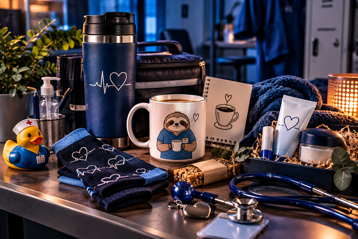 Geschenkideen für Pflegekräfte: Thermobecher mit warmem Essen, Schlafmaske für den Nachtdienst, Kaffeetasse im Stationszimmer und Handpflegeprodukte für beanspruchte Hände. Geschenkideen für Pflegekräfte: Thermobecher mit warmem Essen, Schlafmaske für den Nachtdienst, Kaffeetasse im Stationszimmer und Handpflegeprodukte für beanspruchte Hände.