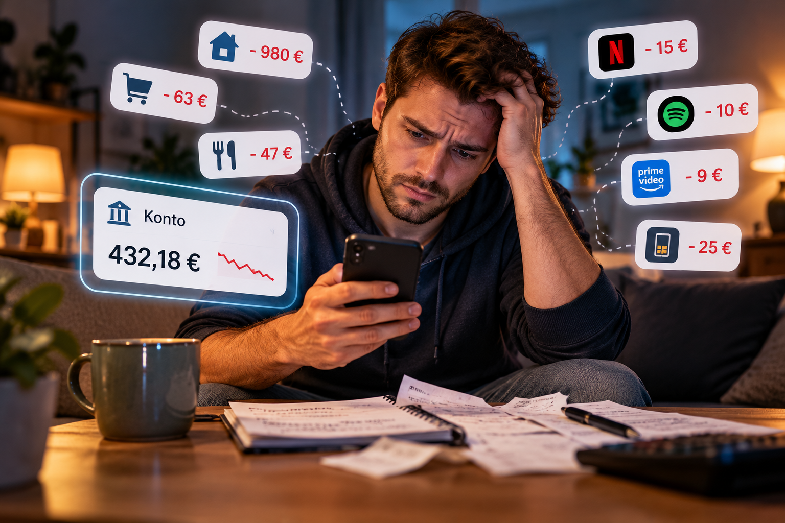 Mann überprüft abends seine Finanzen am Smartphone und sieht verschiedene Ausgaben für Miete, Einkäufe und Abonnements.