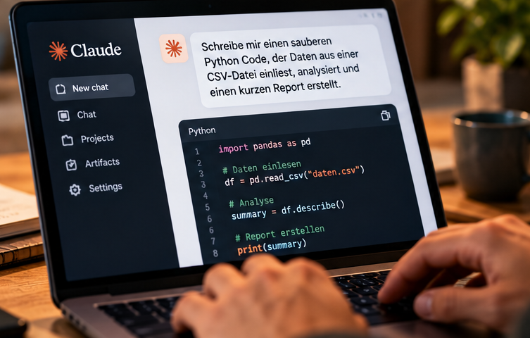 Laptop mit Claude KI, die auf eine Anfrage hin Python-Code zur Datenanalyse erstellt. Laptop mit Claude KI, die auf eine Anfrage hin Python-Code zur Datenanalyse erstellt.