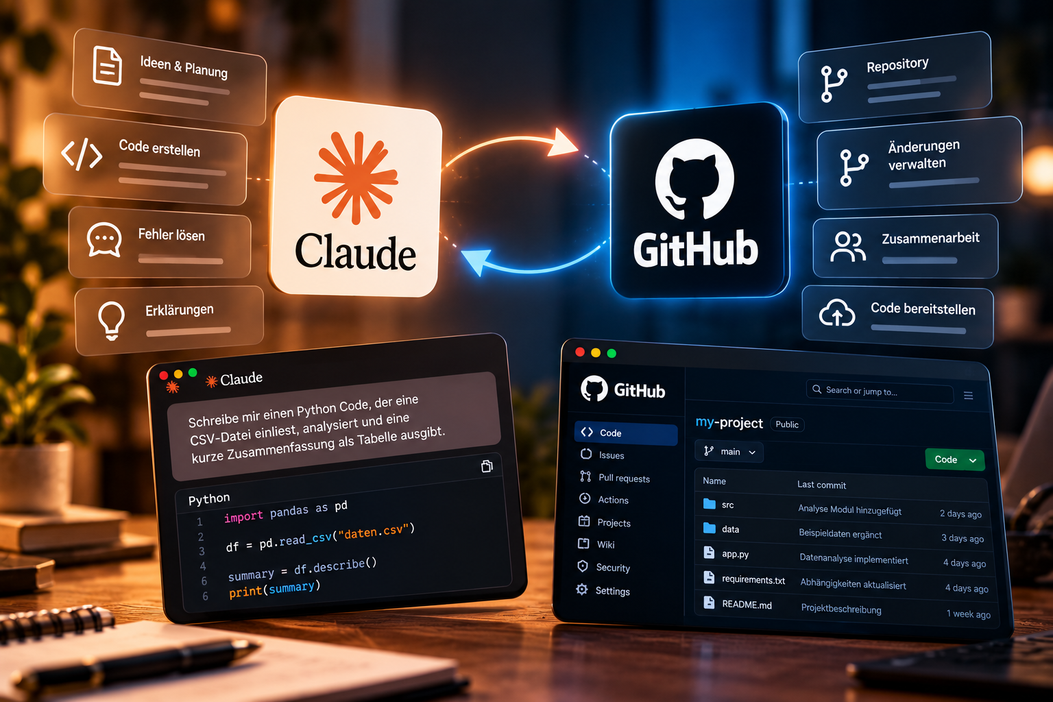 Claude KI und GitHub sind durch Pfeile verbunden und zeigen die Zusammenarbeit bei der Codeerstellung, Versionsverwaltung und Projektentwicklung. Claude KI und GitHub sind durch Pfeile verbunden und zeigen die Zusammenarbeit bei der Codeerstellung, Versionsverwaltung und Projektentwicklung.