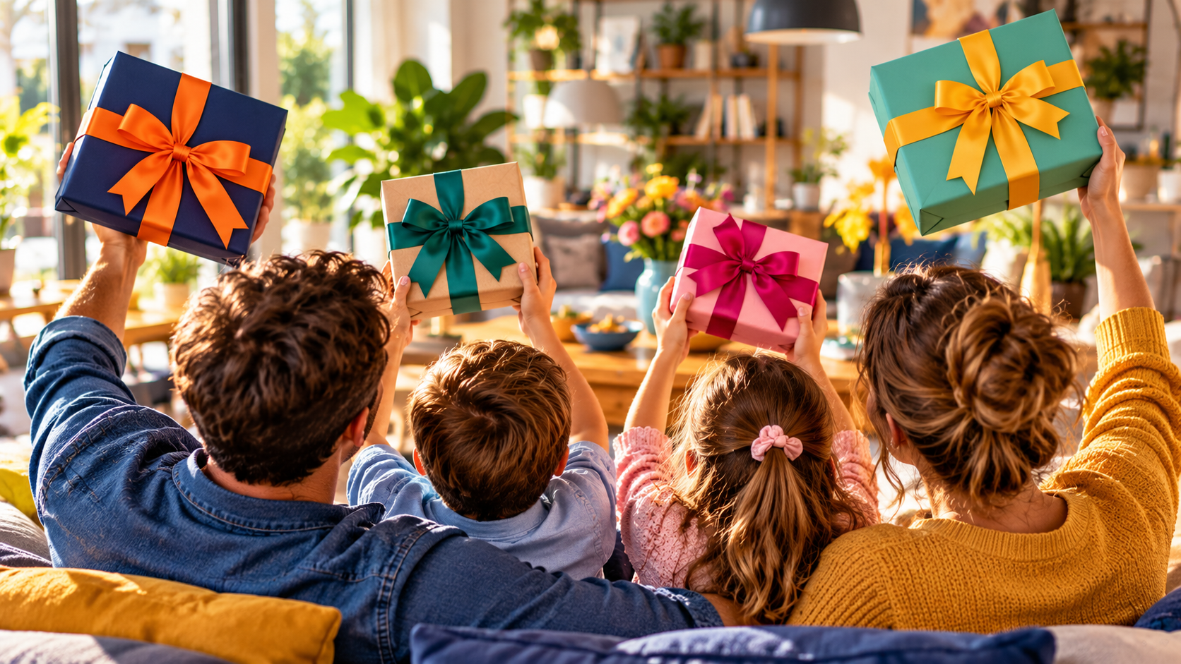Mutter Vater zwei Kinder halten Geschenke in die Luft 