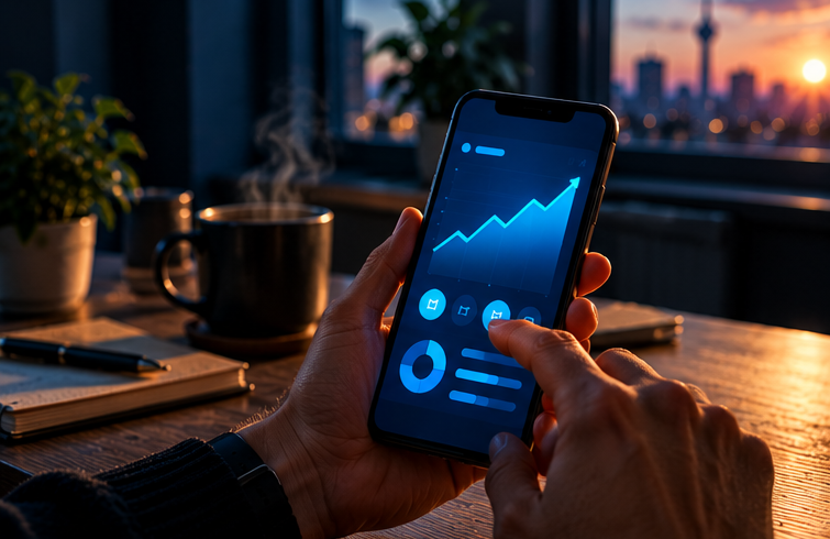 Für die Rente sparen: Smartphone mit Finanz-App Für die Rente sparen: Smartphone mit Finanz-App