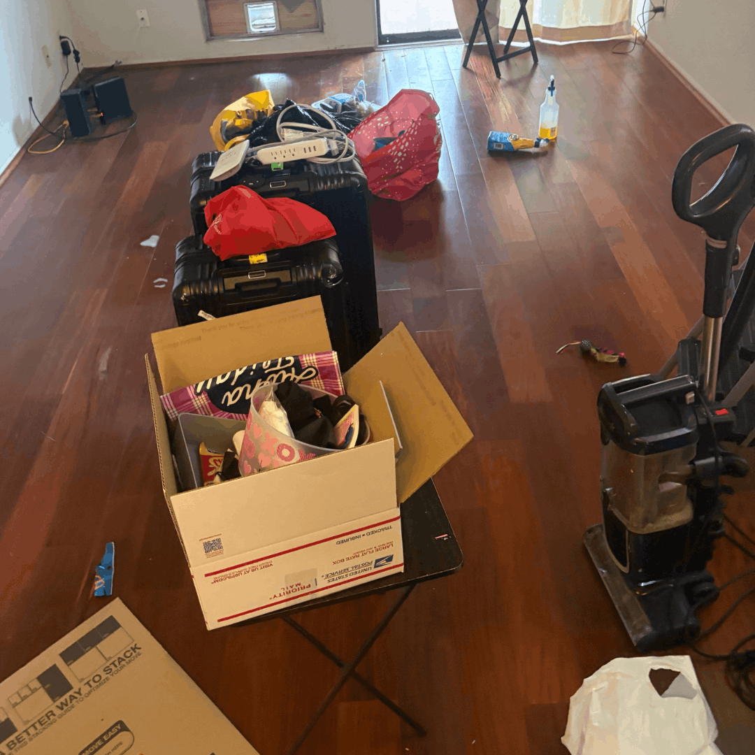 Before — cluttered living room
