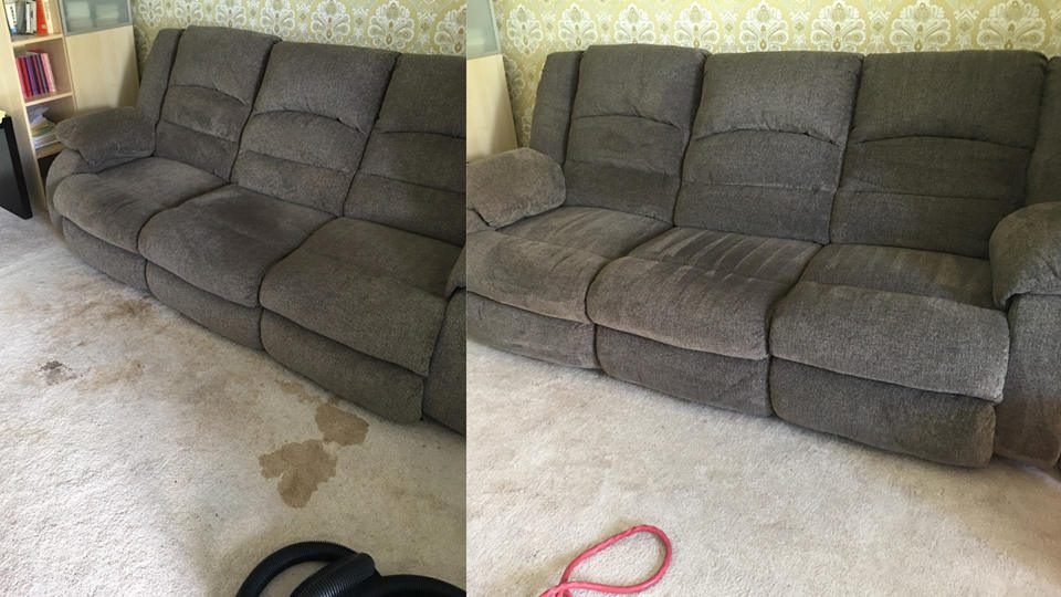 A comparison of a carpet before and after stain removal.