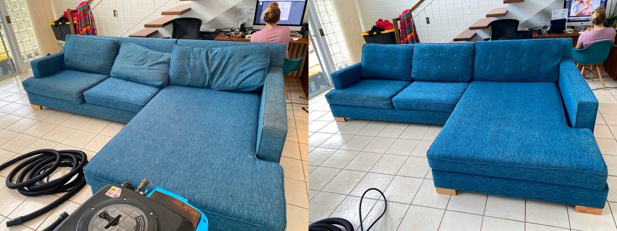 A comparison of a couch before and after cleaning.
