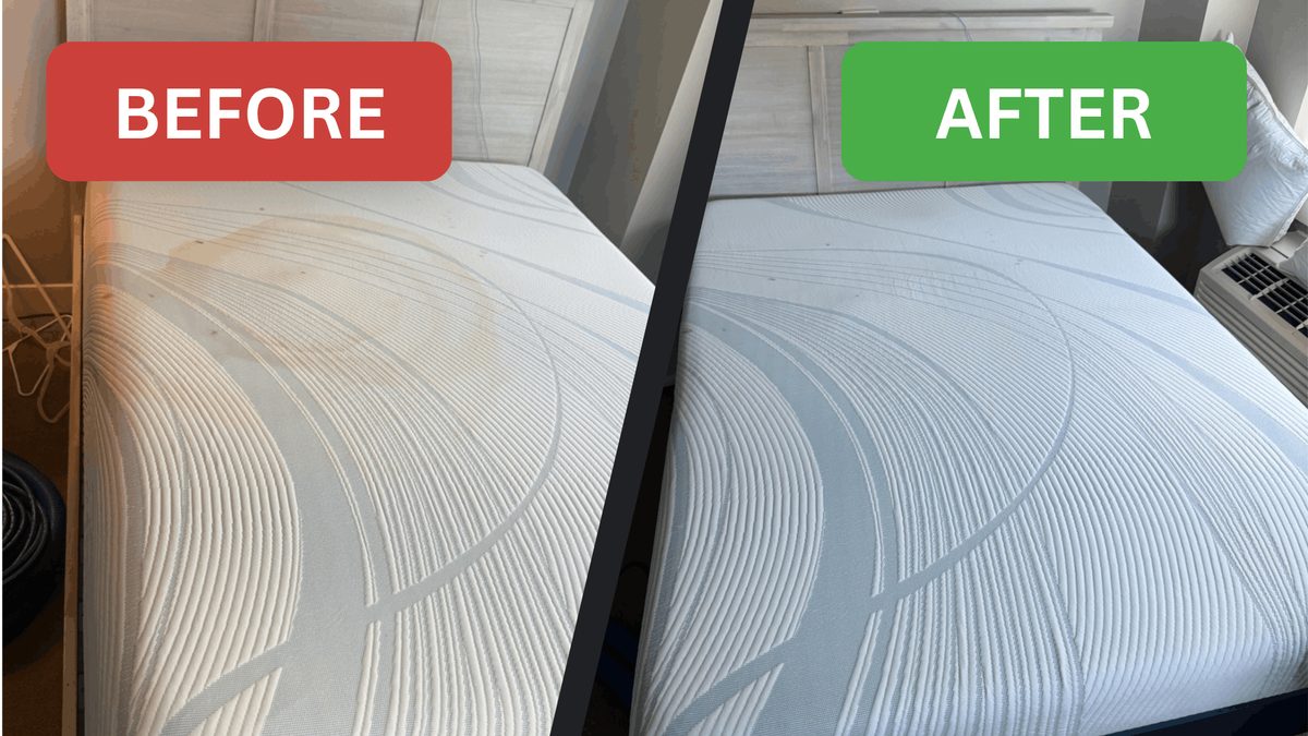 Before and after comparison of a stained mattress, fully cleaned