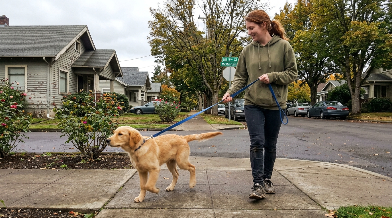 Happy family walking dog