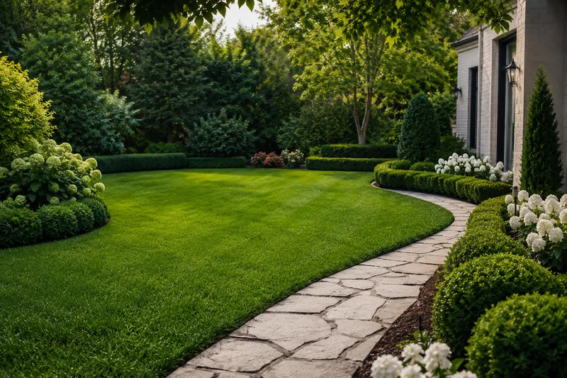 Professional lawn care and mowing service on a Long Island NY suburban lawn — Reyes Euroscape Design Corp.