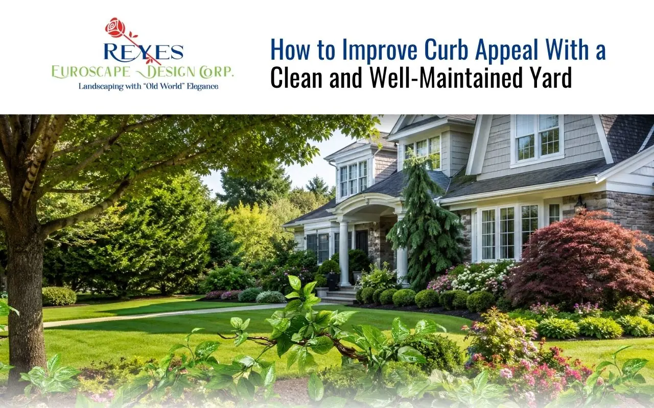 Beautifully landscaped front yard Long Island NY — curb appeal landscaping by Reyes Euroscape