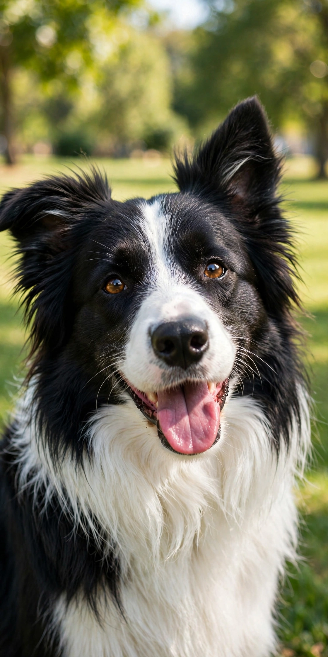Happy border collie with its tongue out, sitting outdoors