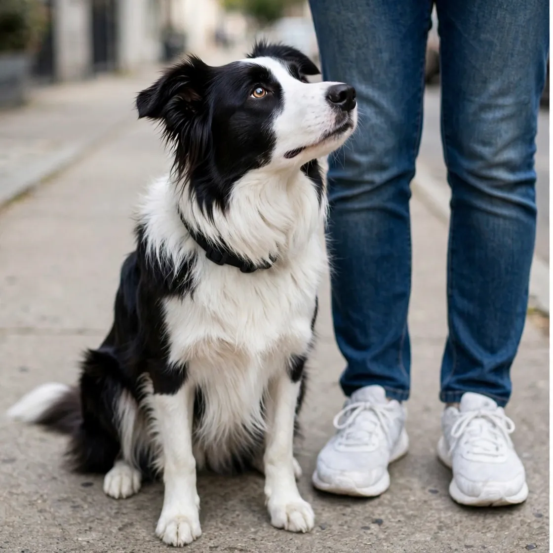 Border collie sitting attentively beside its owner
