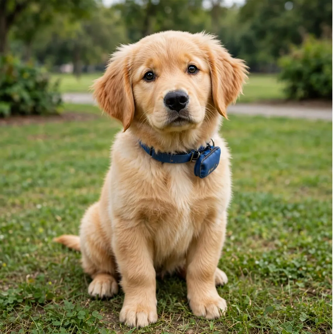 Golden retriever puppy sitting on grass