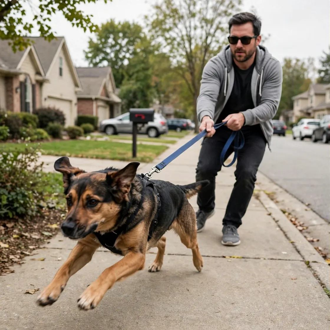 Dog pulling on leash during a walk