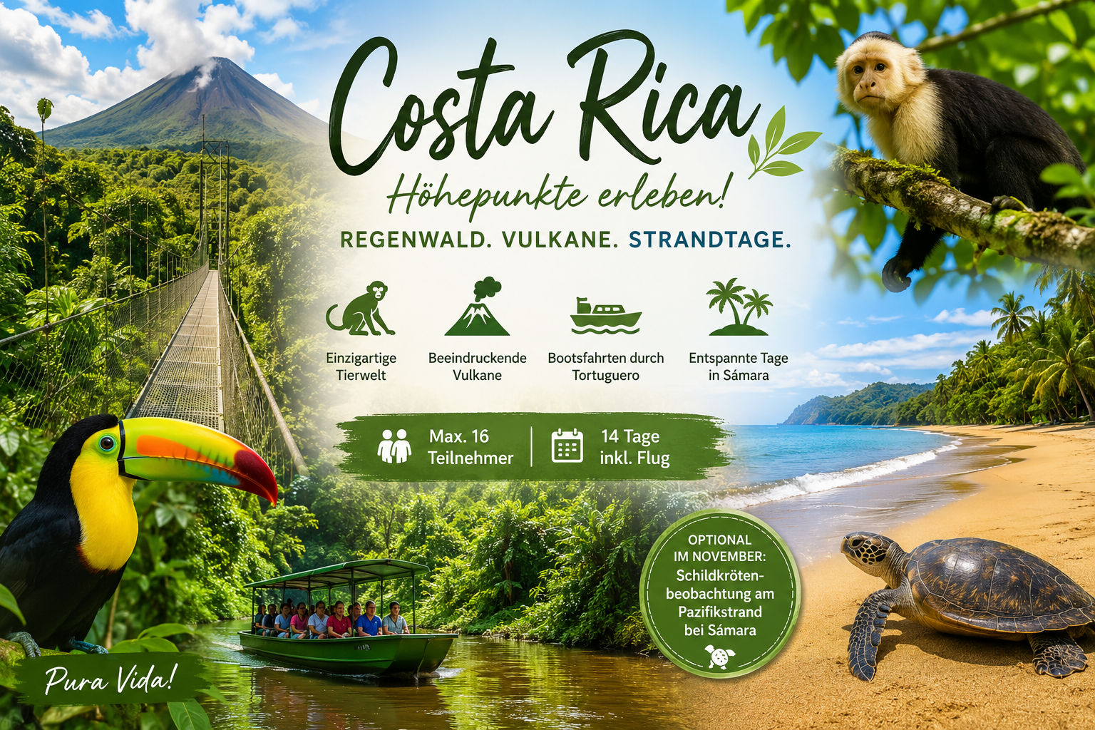 Costa Rica Rundreise 14 Tage, Regenwald, Vulkane & Strandurlaub