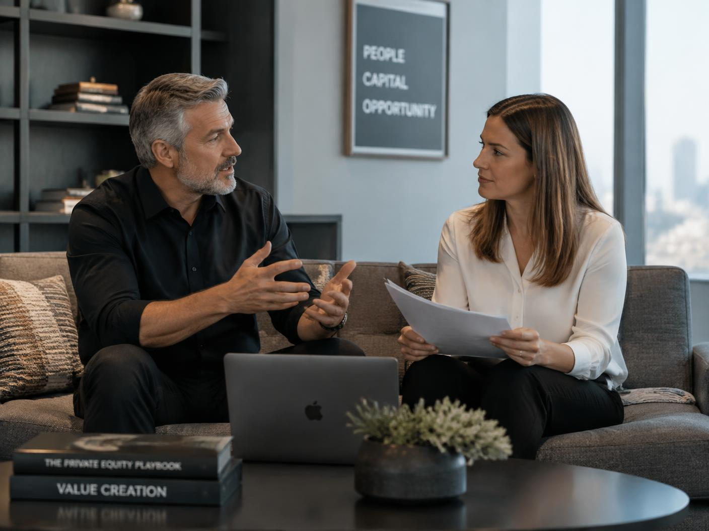 Finance professionals discussing market and compensation data