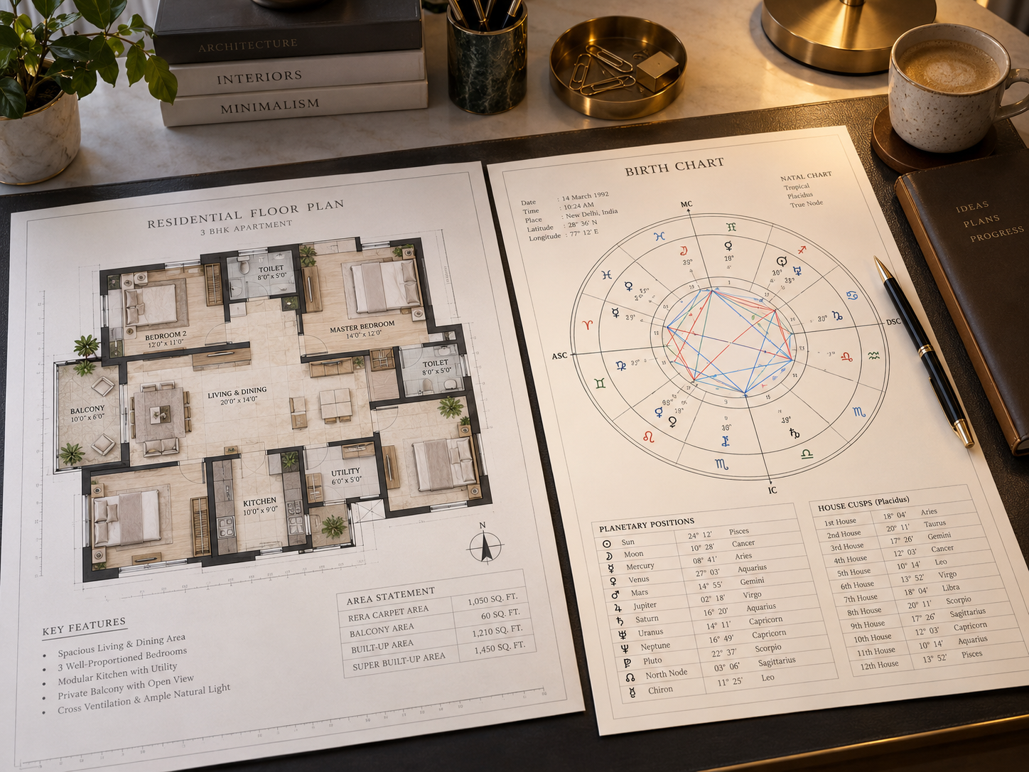 A property floor plan beside a birth chart on a desk