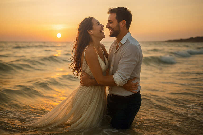 Couple amoureux en mouvement au bord de l’eau dans une lumière dorée