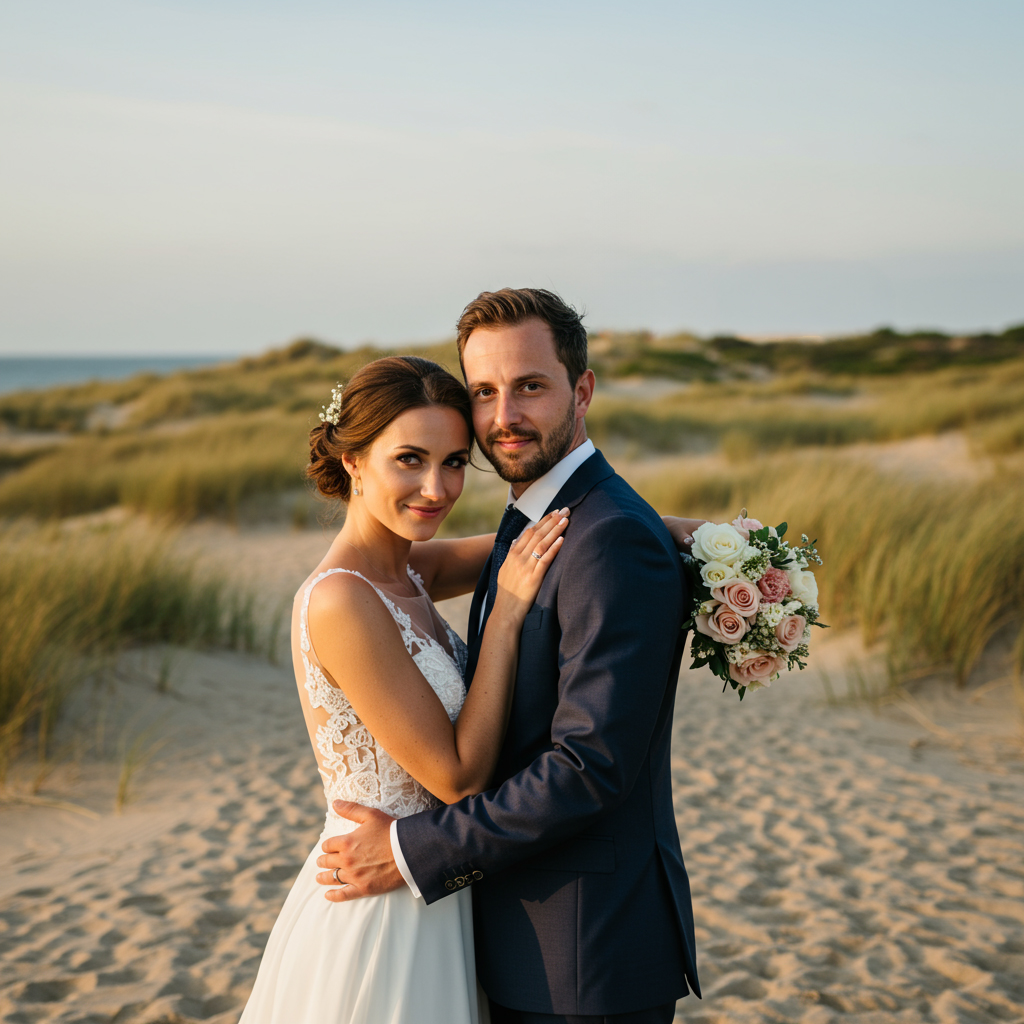 couple marié en extérieur, dans les dunes sur l'ile d'oléron couple marié en extérieur, dans les dunes sur l'ile d'oléron