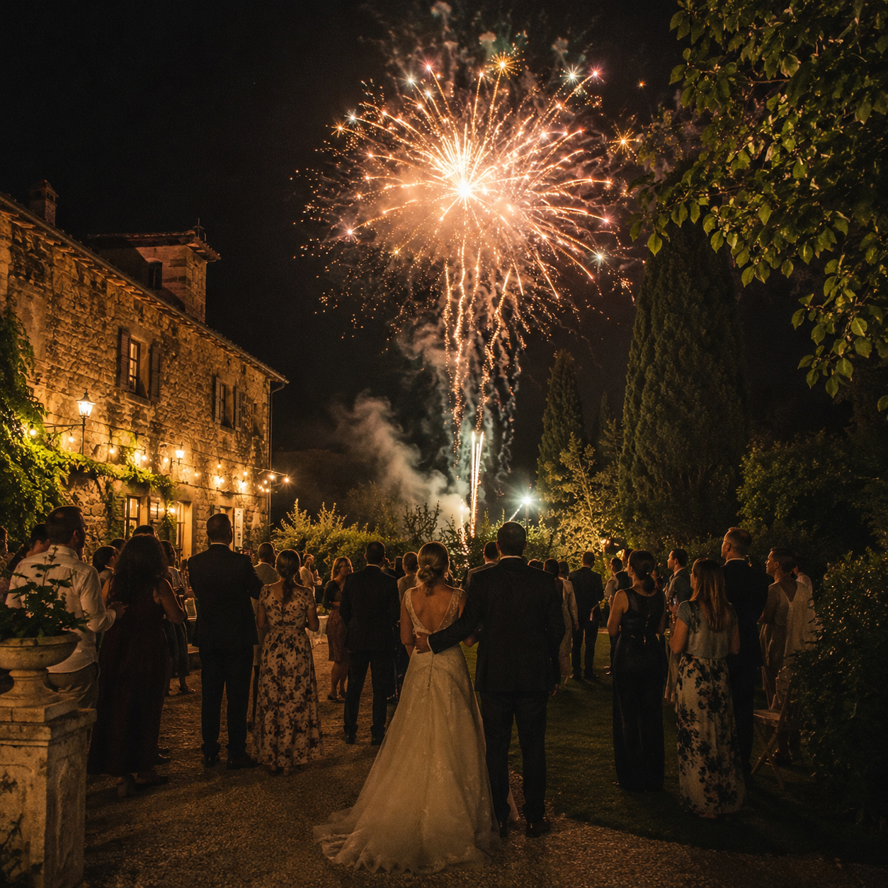 Feu d’artifice de mariage en Charente-Maritime devant des invités émerveillés Feu d’artifice de mariage en Charente-Maritime devant des invités émerveillés
