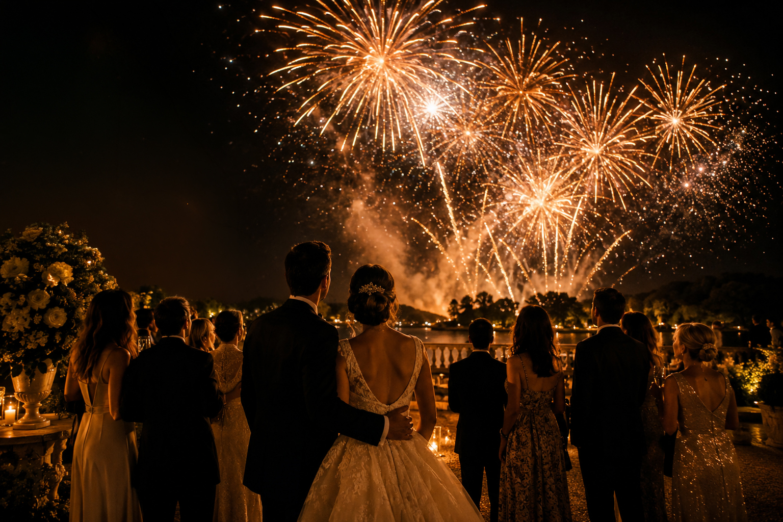 Feu d’artifice doré au-dessus de l’eau pour un mariage Feu d’artifice doré au-dessus de l’eau pour un mariage