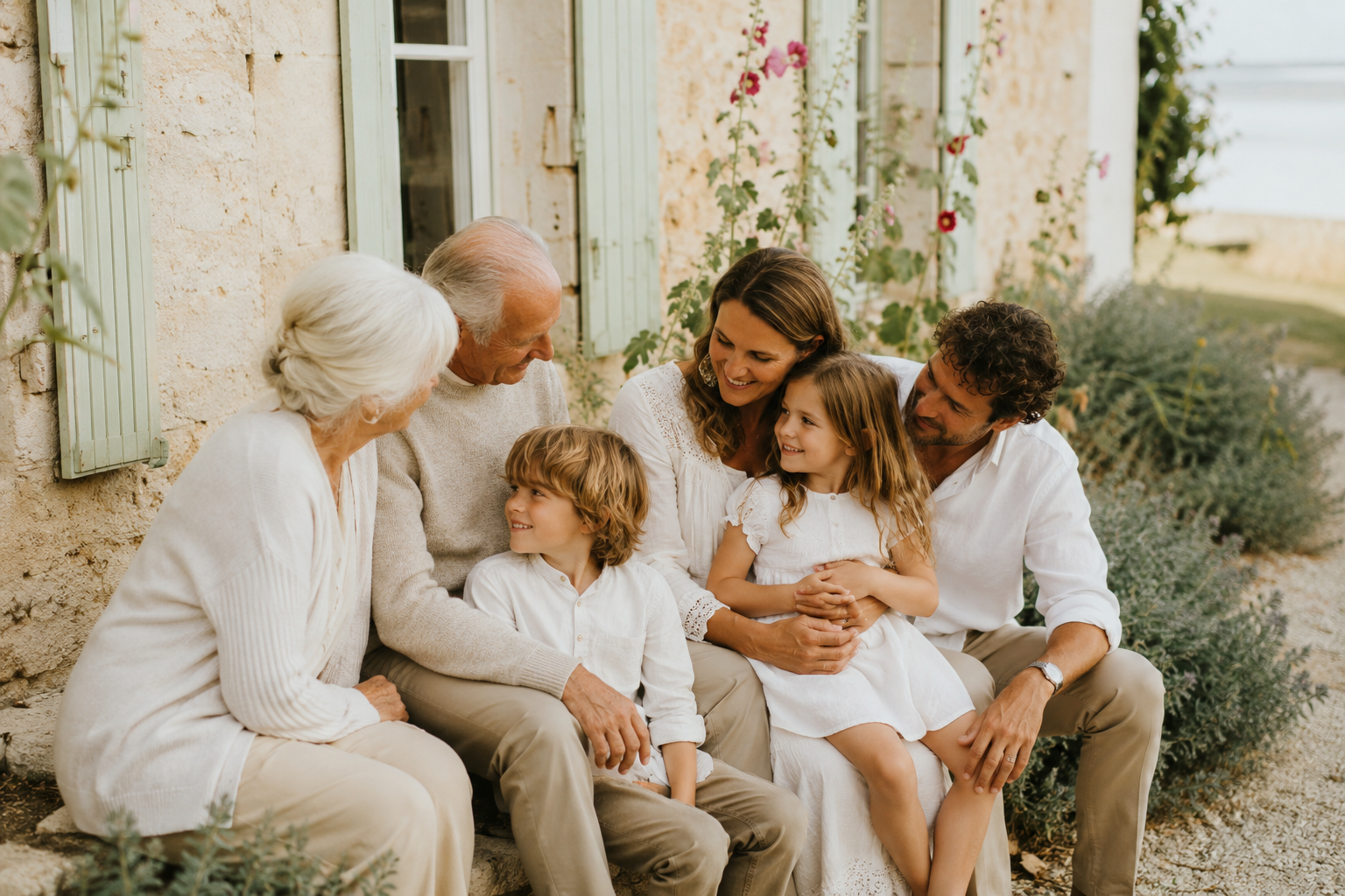 Photo de famille intergénérationnelle en Charente-Maritime dans un moment de tendresse et de complicité