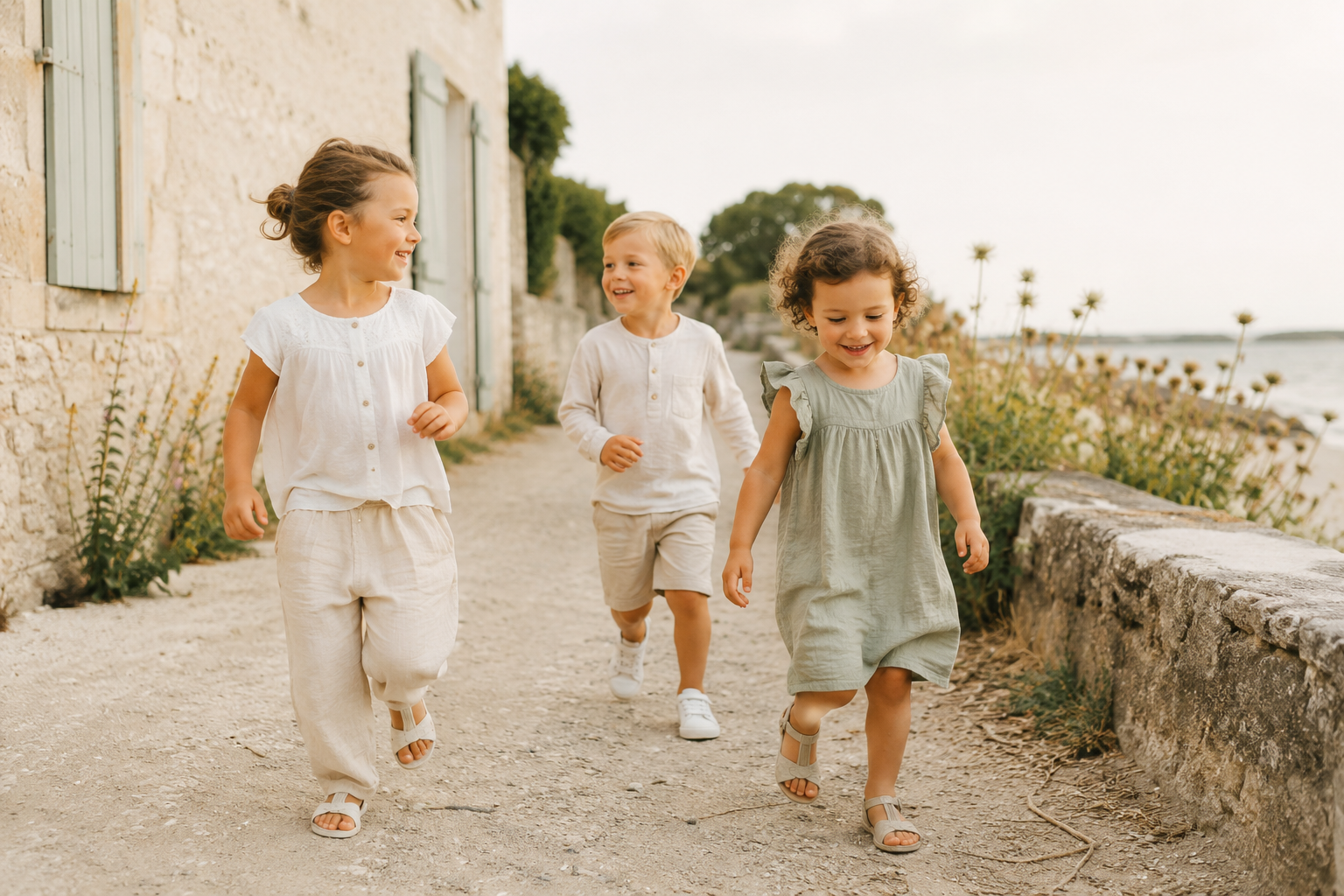 Enfants courant joyeusement lors d’une séance photo en famille en Charente-Maritime