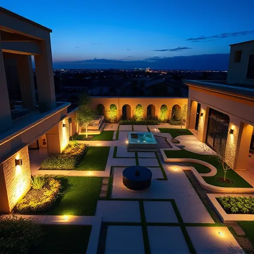 Lighting installation in Lake Worth TX highlighting modern outdoor design with warm glow on pathways greenery and water features