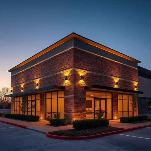 Freshly completed commercial building lighting installation in Euless TX with sleek LED fixtures illuminating textured brick and glass facade at twilight