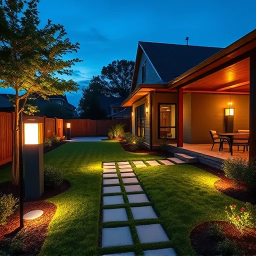 Completed modern outdoor lighting system illuminating a stylish suburban front yard with lush greenery during twilight in Joshua Texas