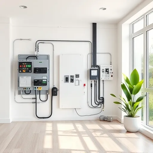 Modern electrical installation in North Richland Hills TX with sleek panels, neat wiring, bright airy room, and greenery.