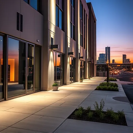 Meticulously installed exterior lighting highlights modern Fort Worth commercial building with sleek facade and urban dusk skyline